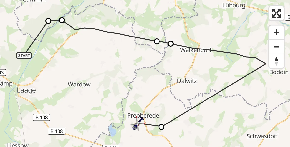 Flugroute Polizeihubschrauber Wardow - Prebberede, 11 September 2026, 08:29