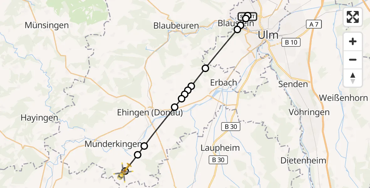 Flugroute Rettungshubschrauber Ulm Military Hospital Emergency - Oberstadion, 11 September 2026, 09:20
