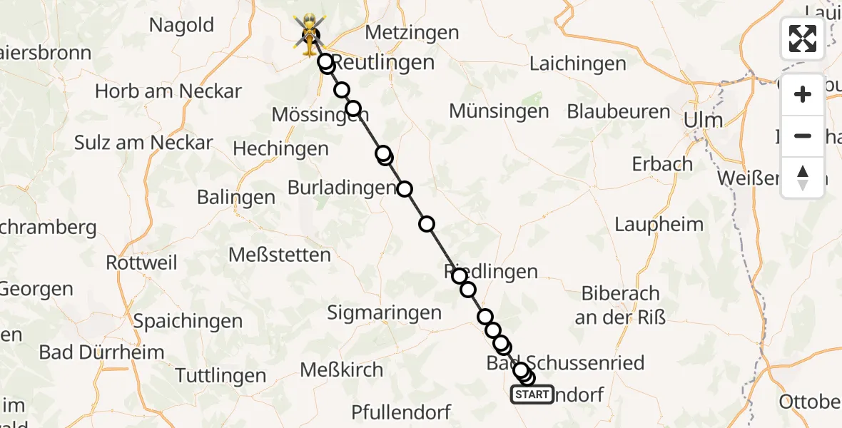 Flugroute Rettungshubschrauber Ebersbach-Musbach - Tübingen Trauma Hospital, 11 September 2026, 09:30