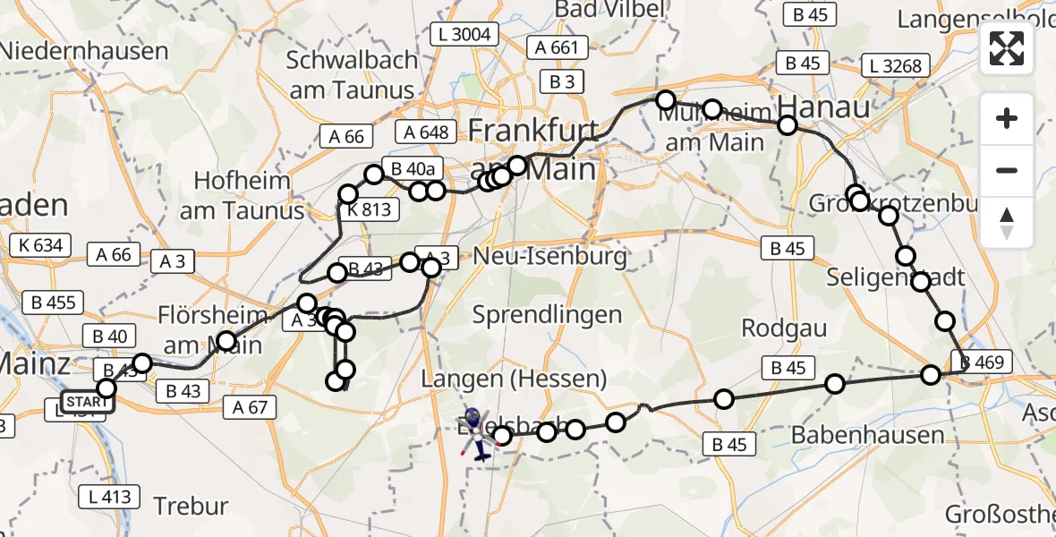 Flugroute Polizeihubschrauber Ginsheim-Gustavsburg - Flughafen Frankfurt-Egelsbach, 11 September 2026, 09:50