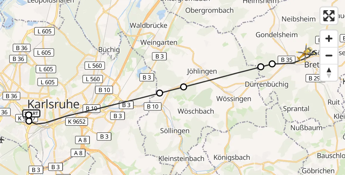 Flugroute Ambulanzhubschrauber Sankt Vincentius Hospital - Bretten, 11 September 2026, 10:18