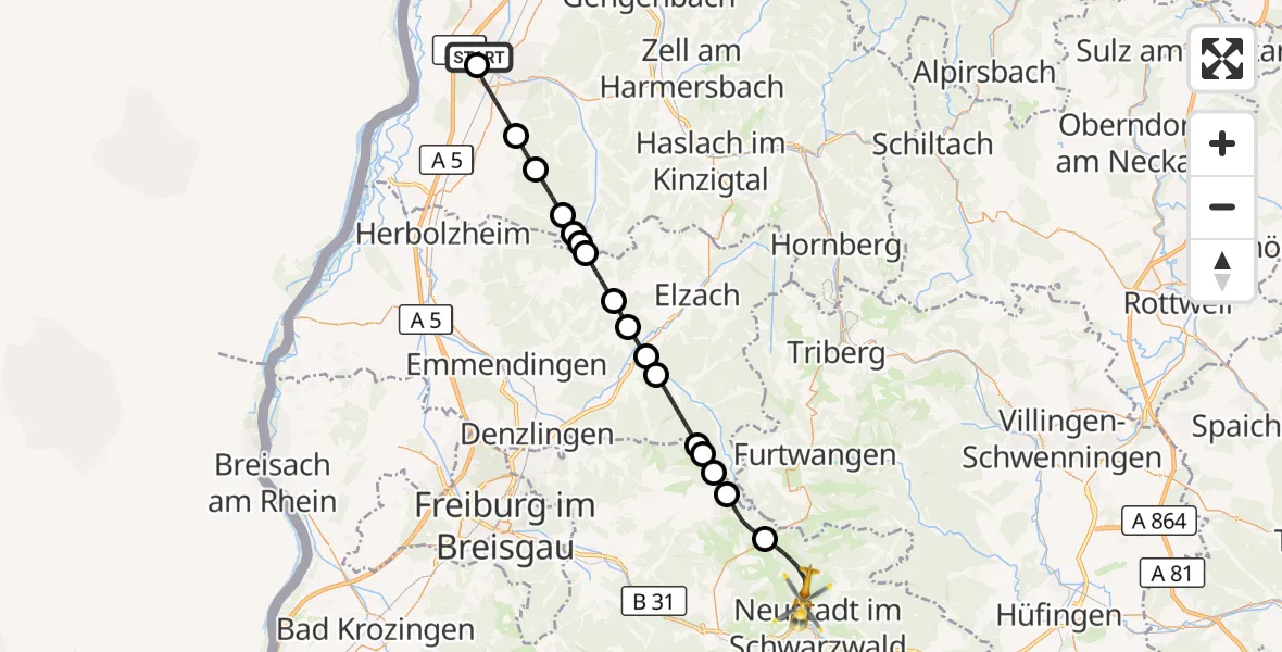 Flugroute Rettungshubschrauber Lahr Flughafen - Titisee-Neustadt, 11 September 2026, 10:28