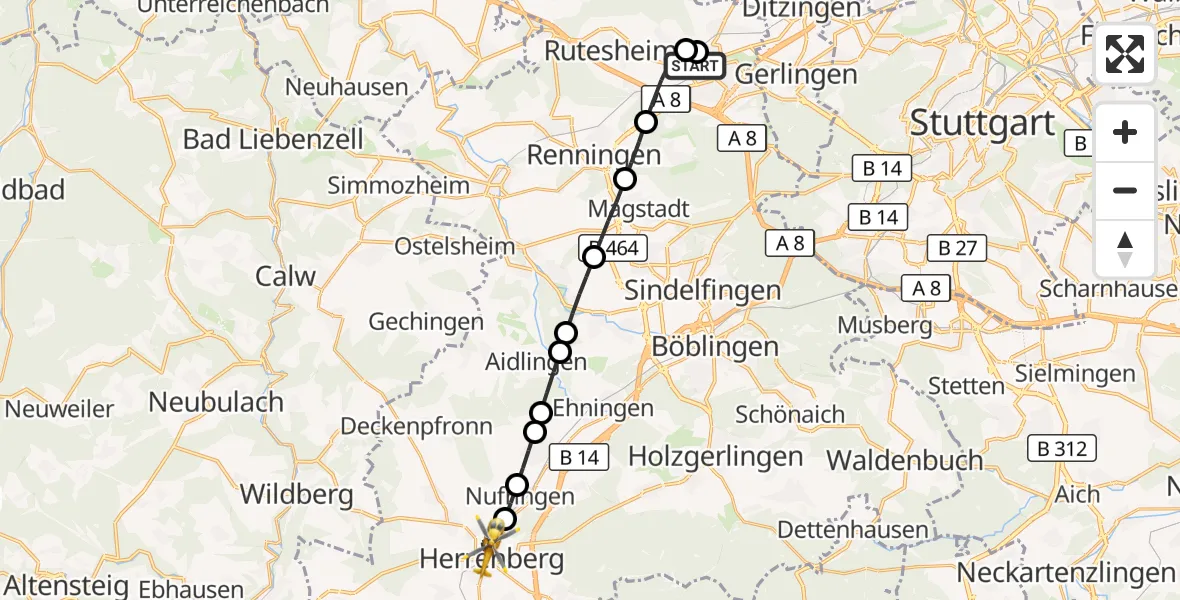 Flugroute Rettungshubschrauber Leonberg Hospital - Herrenberg, 11 September 2026, 11:44