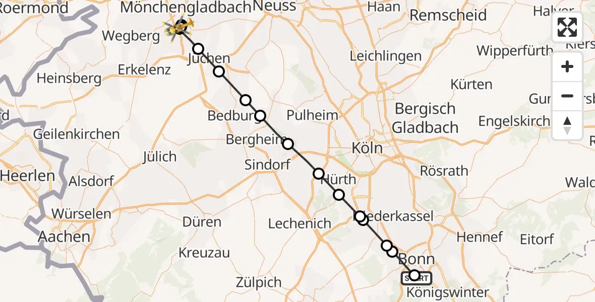 Flugroute Ambulanzhubschrauber Bonn University Hospital - Elisabeth Hospital Rheydt, 11 September 2026, 11:57