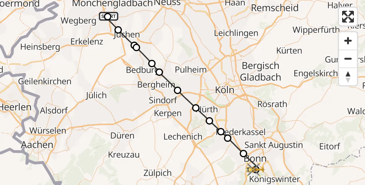 Flugroute Ambulanzhubschrauber Elisabeth Hospital Rheydt - Bonn University Hospital, 11 September 2026, 13:27