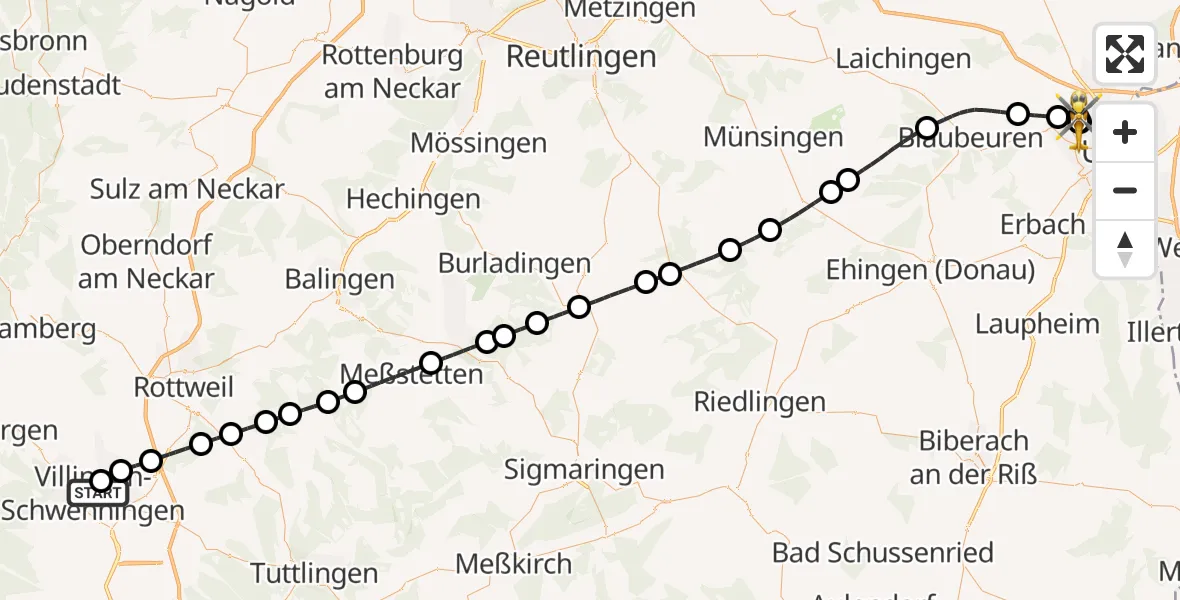 Flugroute Rettungshubschrauber DRF Air Rescue Station Villingen-Schwenningen Hubschrauberlandeplatz (Christoph 11) - ADAC Air Rescue Station Ulm (Christoph 22), 11 September 2026, 13:59
