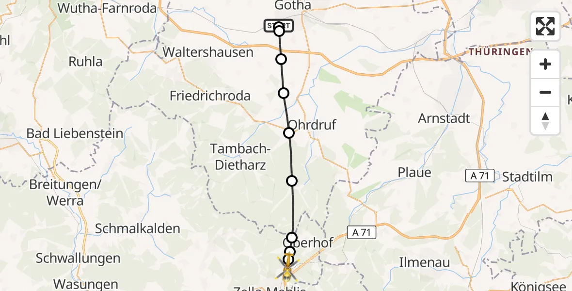 Flugroute Rettungshubschrauber Helios Clinic Gotha - Zella-Mehlis, 11 September 2026, 14:40