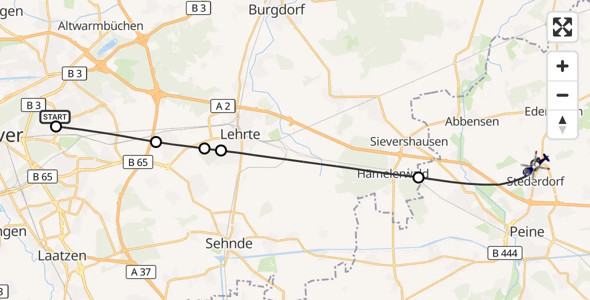 Flugroute Polizeihubschrauber Hannover Luftrettung Hubschrauberlandeplatz (Christoph 4) - Peine, 11 September 2026, 14:40