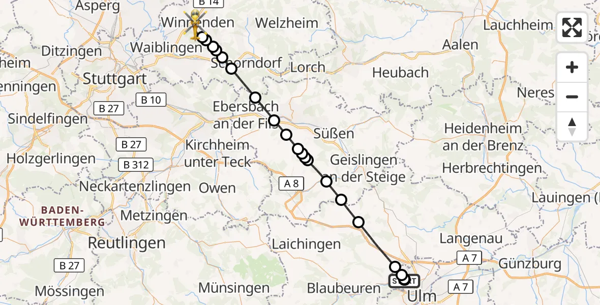 Flugroute Rettungshubschrauber Ulm Military Hospital Emergency - Winnenden, 11 September 2026, 15:39