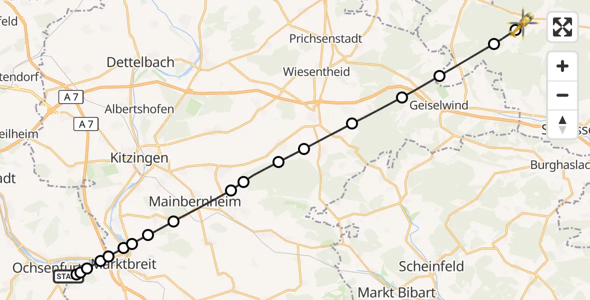 Flugroute Rettungshubschrauber Ochsenfurt Hospital - Winkelhofer Forst, 11 September 2026, 15:45