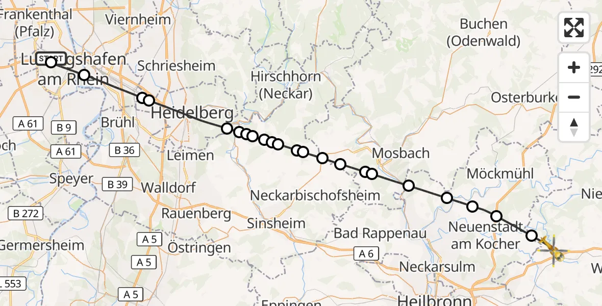 Flugroute Rettungshubschrauber Ludwigshafen Accident Hospital - Öhringen, 11 September 2026, 15:57