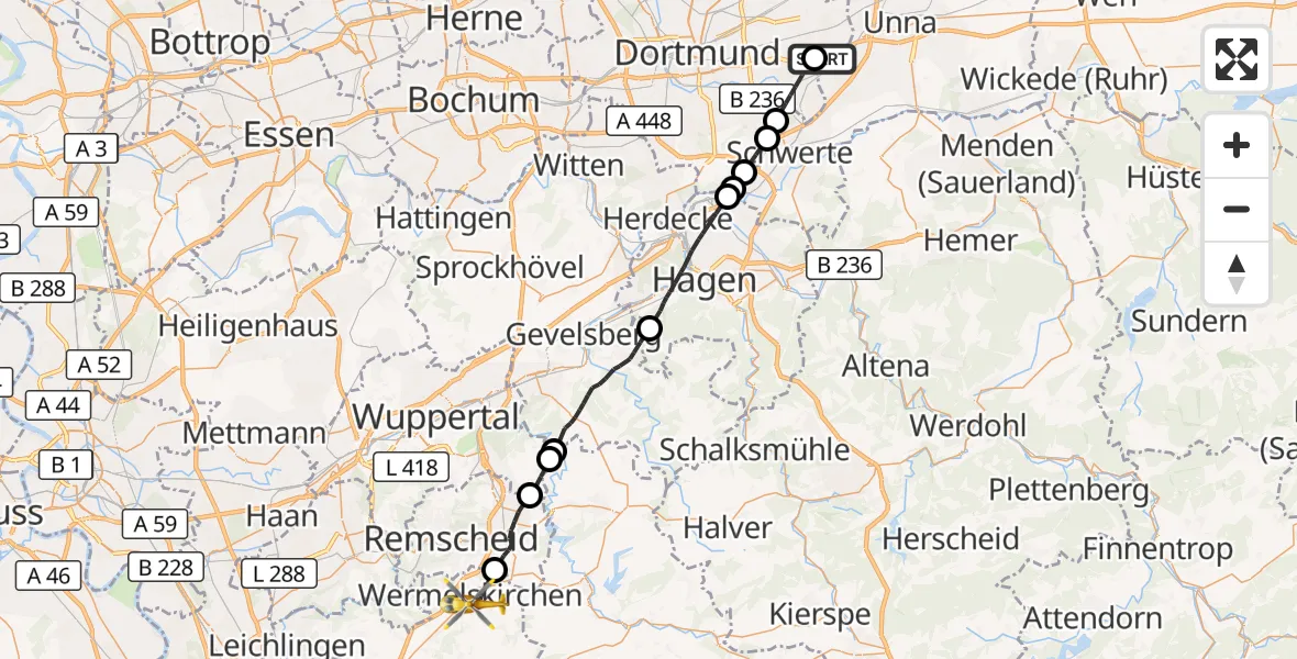 Flugroute Rettungshubschrauber Dortmund Flughafen - Wermelskirchen, 11 September 2026, 16:18