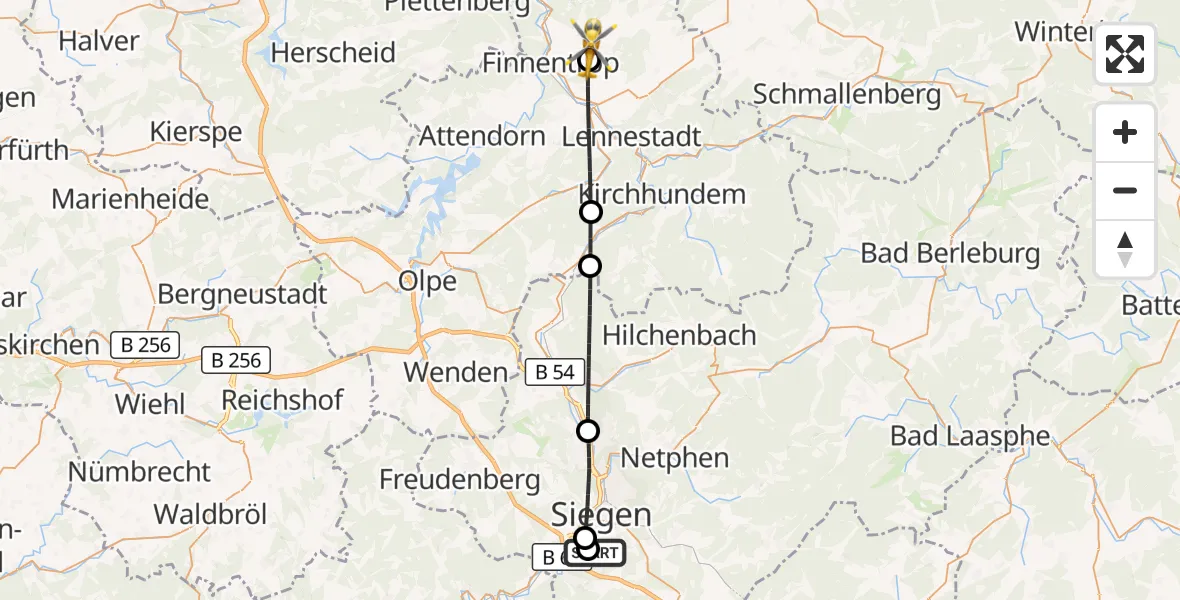 Flugroute Rettungshubschrauber Evangelisches Jung-Stilling Hospital - Finnentrop, 11 September 2026, 16:30