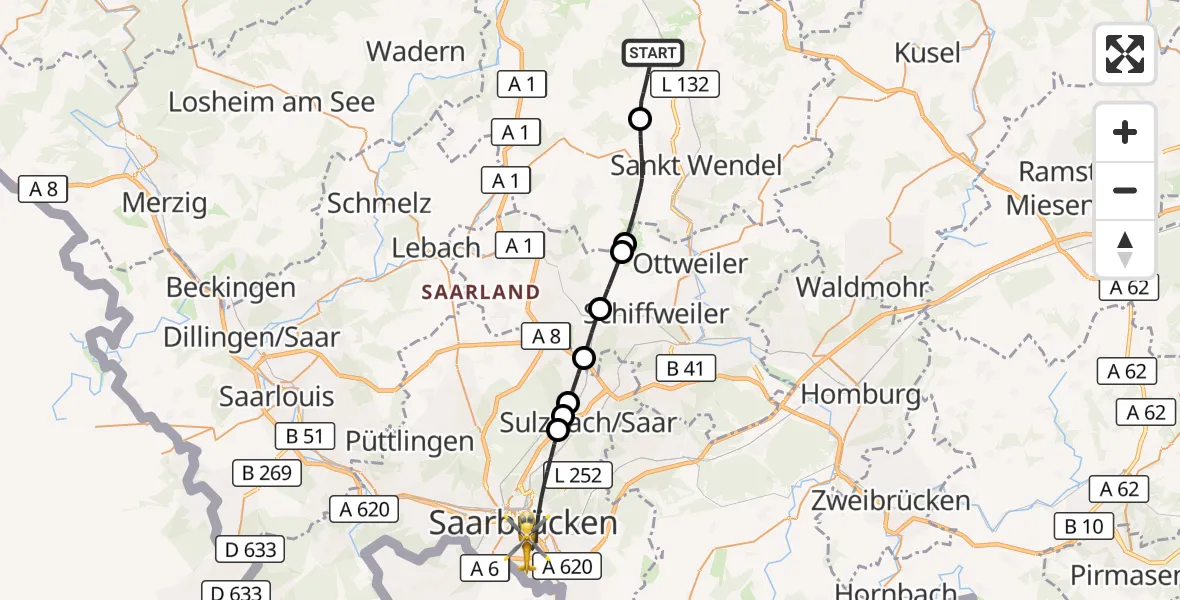 Flugroute Rettungshubschrauber Oberthal - Saarbrücken, 11 September 2026, 16:39