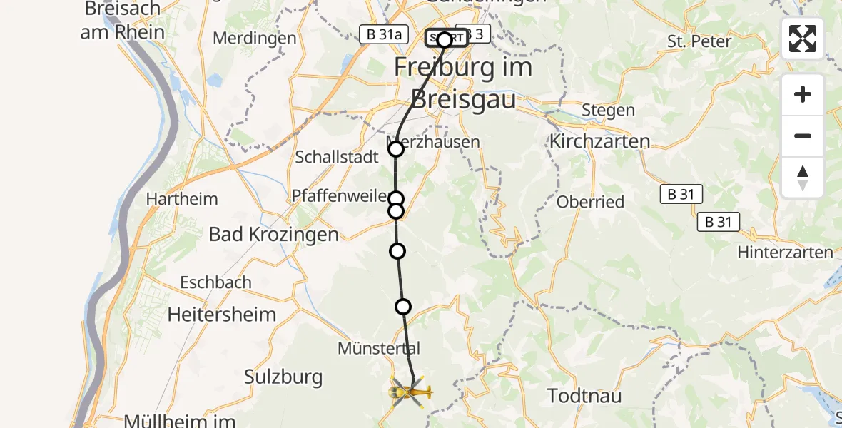 Flugroute Ambulanzhubschrauber Freiburg im Breisgau Flugplatz - Münstertal/Schwarzwald, 11 September 2026, 16:41