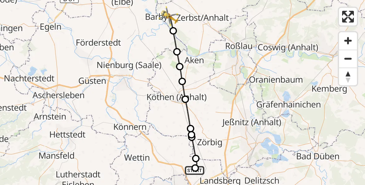 Flugroute Rettungshubschrauber Halle-Oppin Flugplatz - Zerbst/Anhalt, 11 September 2026, 16:44