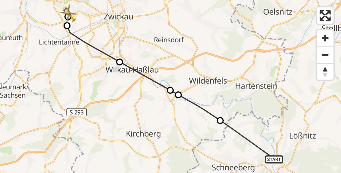 Flugroute Rettungshubschrauber Aue-Bad Schlema - ADAC Air Rescue Station Zwickau Hubschrauberlandeplatz, 11 September 2026, 16:49