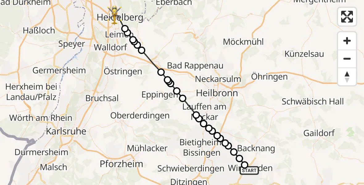 Flugroute Rettungshubschrauber Winnenden - Heidelberg, 11 September 2026, 16:59