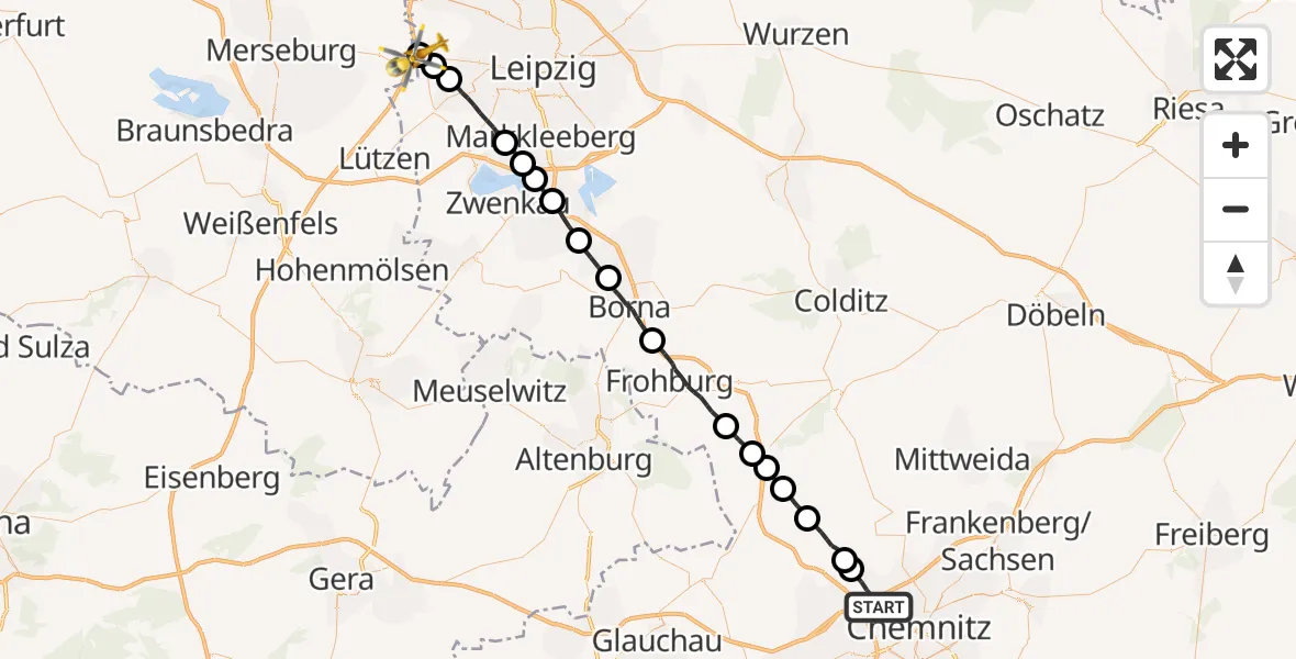 Flugroute Rettungshubschrauber Chemnitz - ADAC Air Rescue Station Leipzig/Schkeuditz-Dölzig Hubschrauberlandeplatz (Christoph 61), 11 September 2026, 18:19