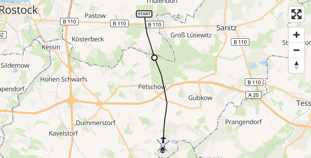 Flugroute Polizeihubschrauber Broderstorf - Dummerstorf, 11 September 2026, 19:20