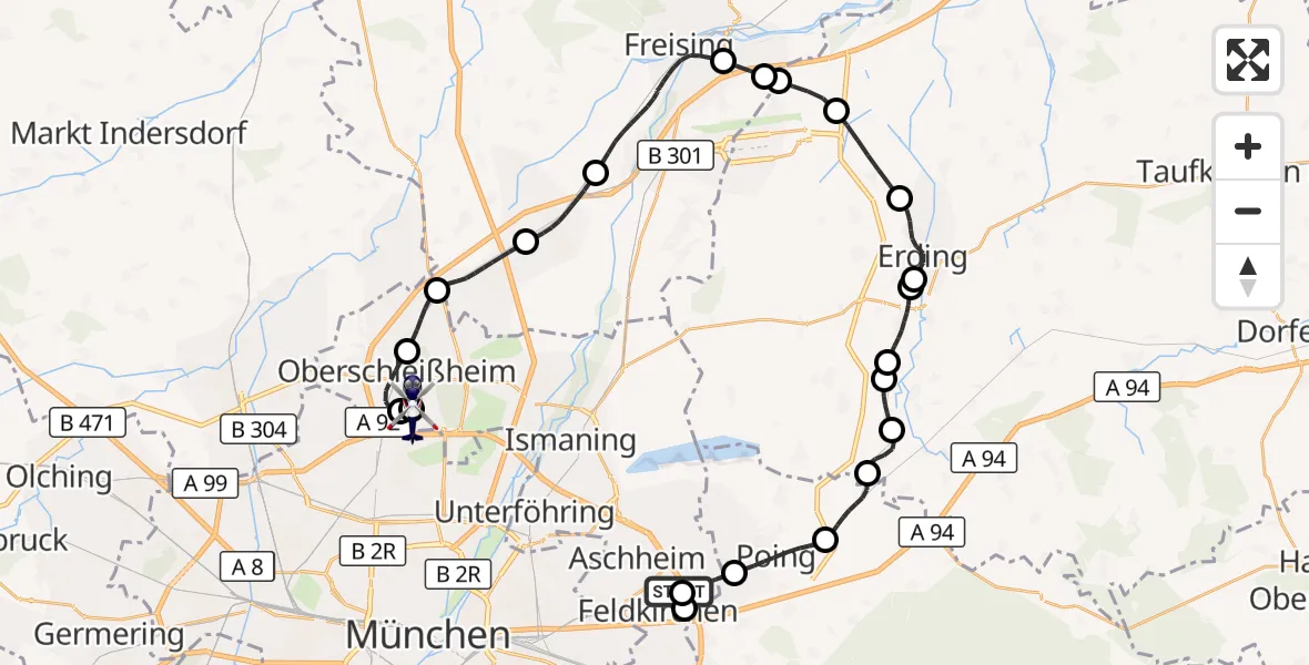 Flugroute Polizeihubschrauber Kirchheim b.München - Oberschleissheim Hubschrauberlandeplatz, 11 September 2026, 21:01