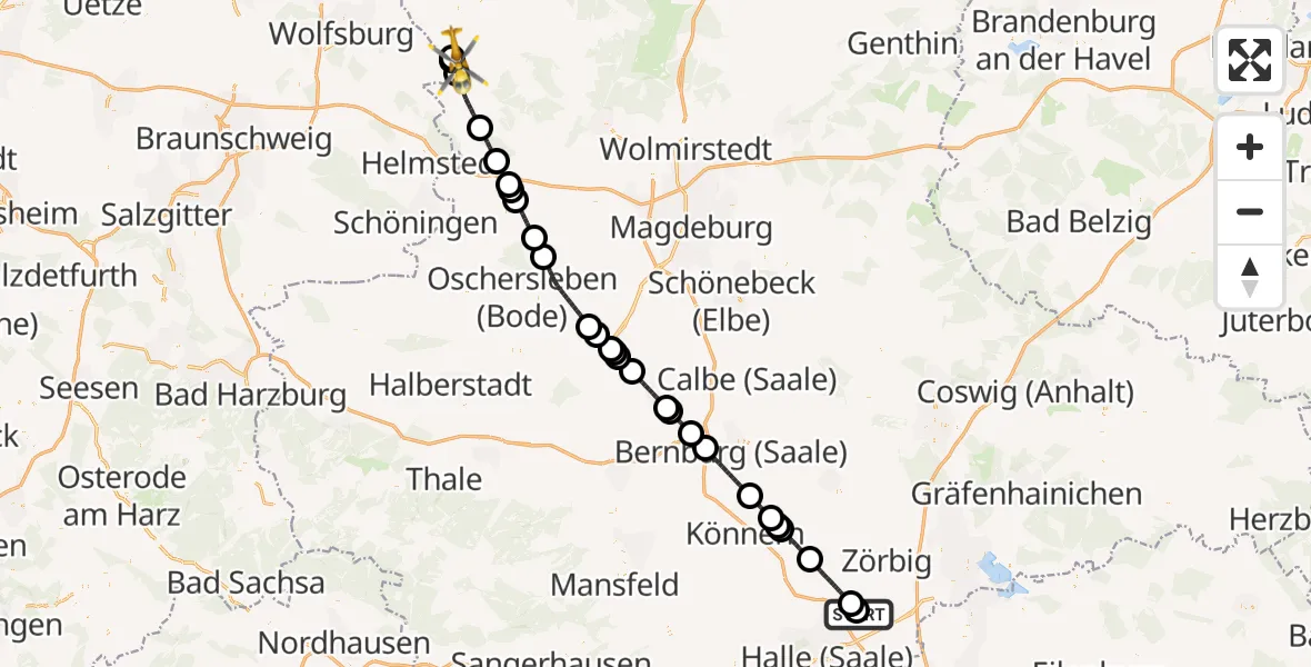 Flugroute Rettungshubschrauber Halle-Oppin Flugplatz - Oebisfelde-Weferlingen, 11 September 2026, 21:30