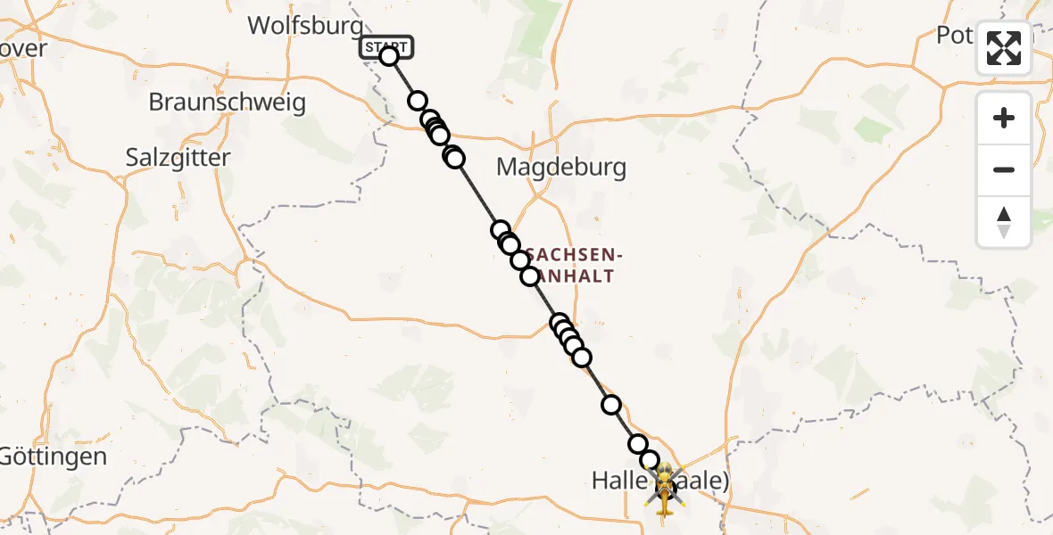 Flugroute Rettungshubschrauber Bahrdorf - BG Hospital Bergmannstrost Halle, 11 September 2026, 22:38