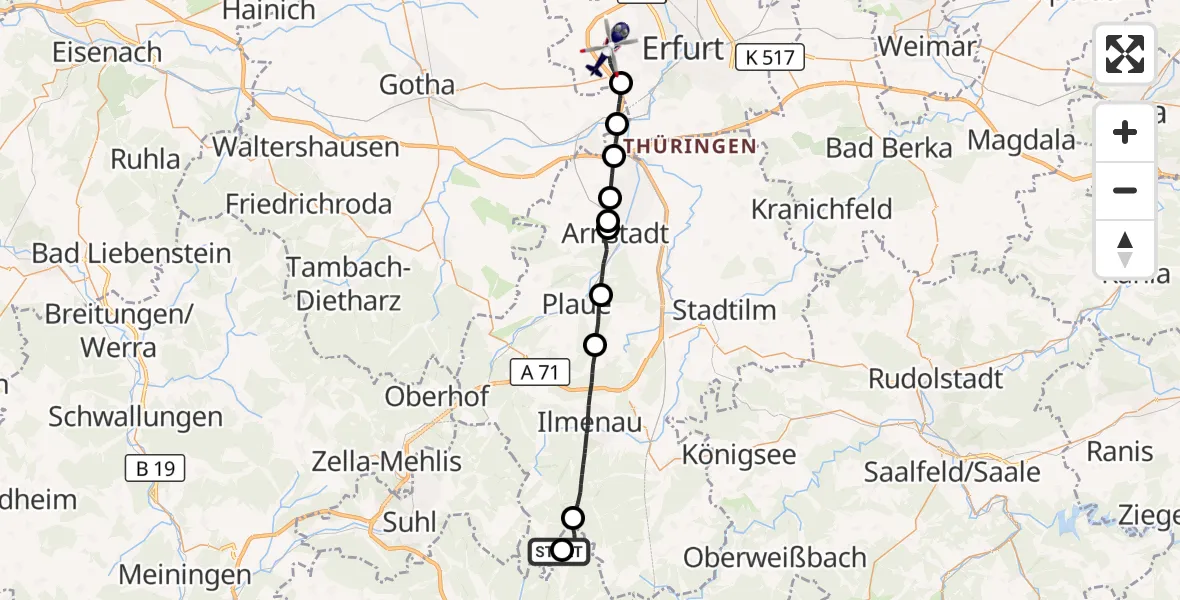Flugroute Polizeihubschrauber Ilmenau - Erfurt, 12 September 2026, 00:44