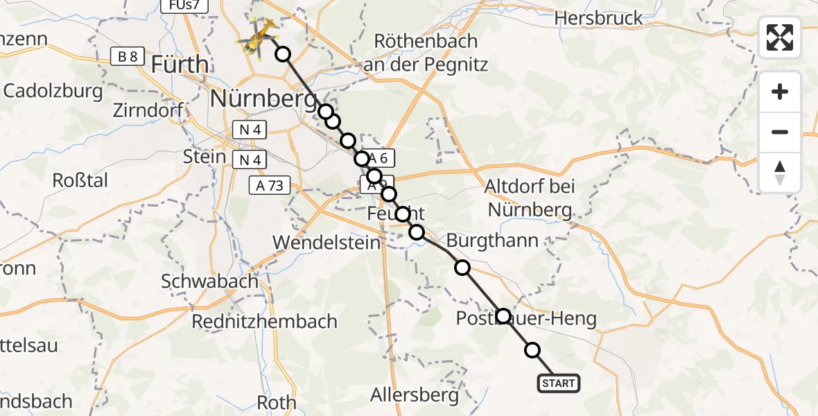 Flugroute Ambulanzhubschrauber Berngau - Flughafen Nuremberg, 12 September 2026, 07:00