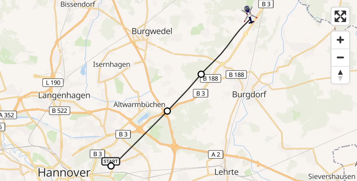 Flugroute Polizeihubschrauber Hannover Luftrettung Hubschrauberlandeplatz (Christoph 4) - Burgdorf, 12 September 2026, 08:00