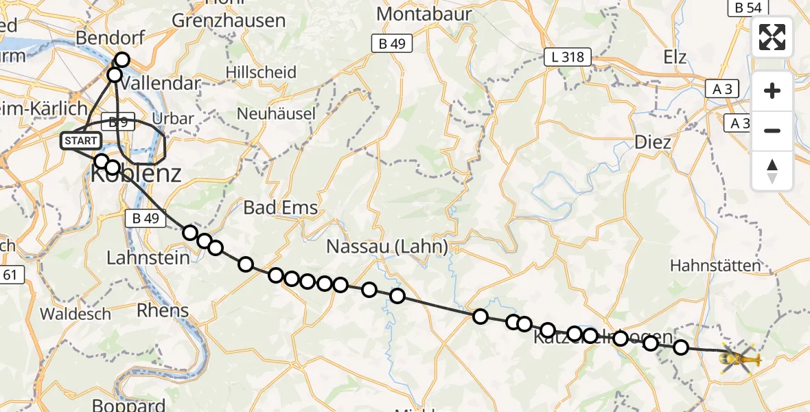 Flugroute Rettungshubschrauber Koblenz - Aarbergen, 12 September 2026, 08:26