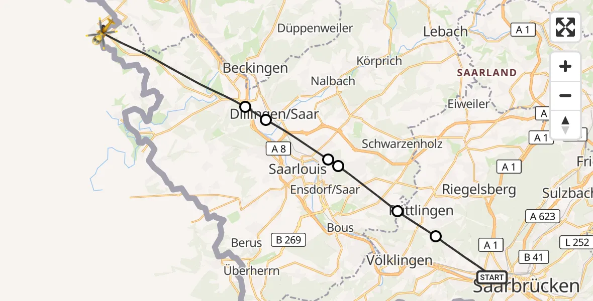 Flugroute Rettungshubschrauber Saarbrücken - Rehlingen-Siersburg, 12 September 2026, 08:38