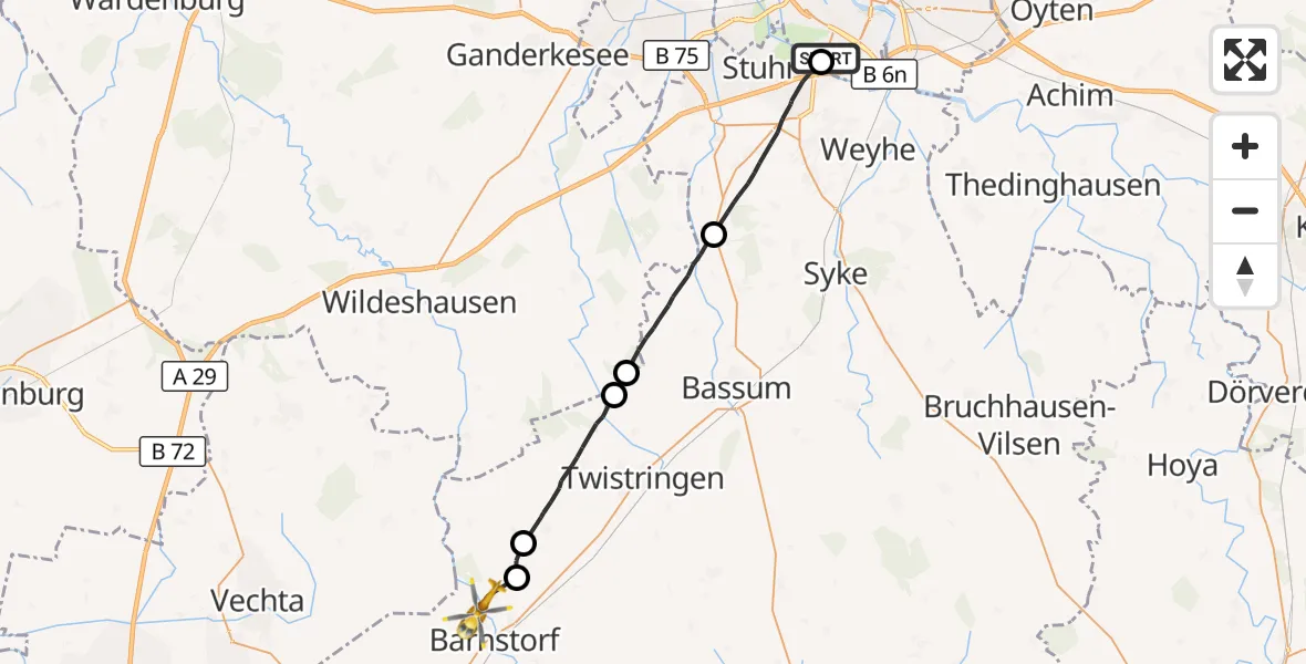 Flugroute Rettungshubschrauber ADAC Air Rescue Station Bremen Hubschrauberlandeplatz (Christoph 6) - Barnstorf, 12 September 2026, 09:26