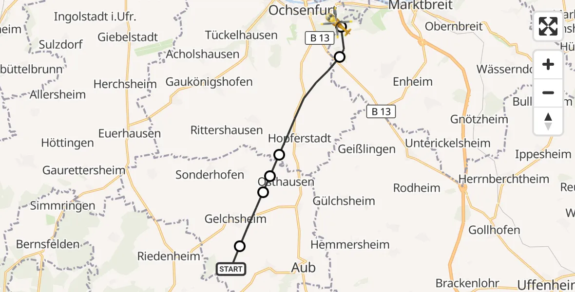 Flugroute Rettungshubschrauber Aub - Ochsenfurt Hospital, 12 September 2026, 10:17