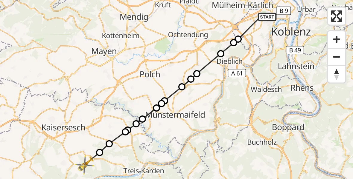 Flugroute Rettungshubschrauber Koblenz - Klotten, 12 September 2026, 10:28