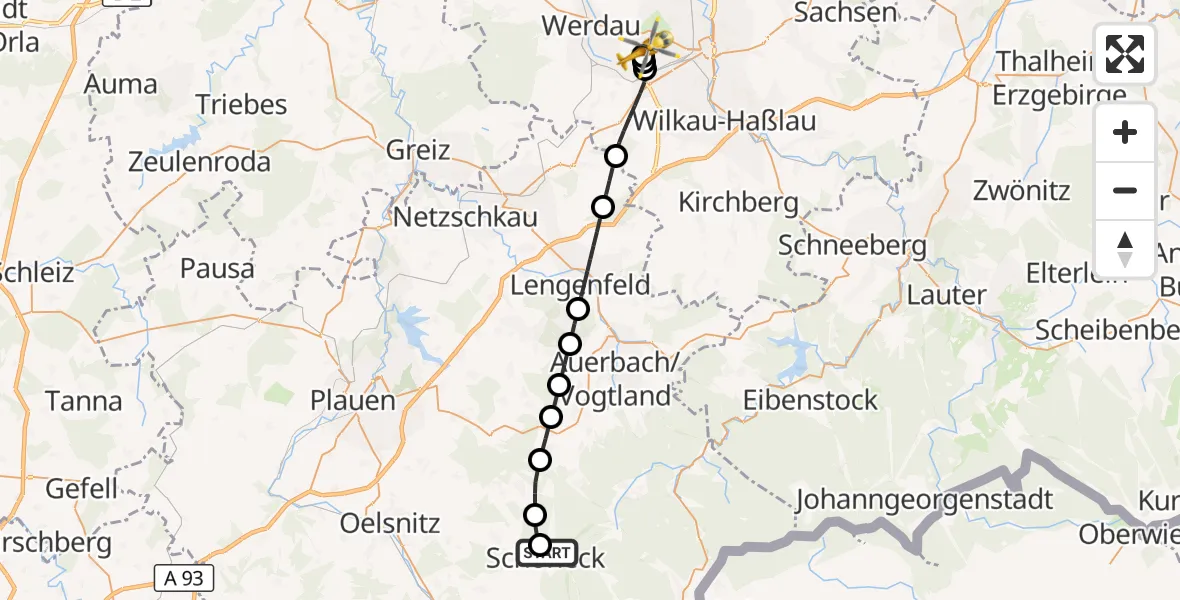 Flugroute Rettungshubschrauber Paracelsus Hospital Schöneck - ADAC Air Rescue Station Zwickau Hubschrauberlandeplatz, 12 September 2026, 10:33