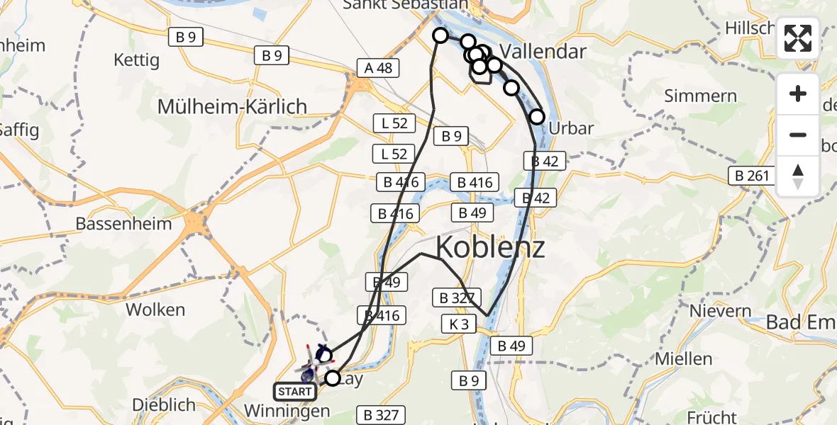 Flugroute Polizeihubschrauber Winningen - Koblenz-Winningen Flugplatz, 12 September 2026, 10:44