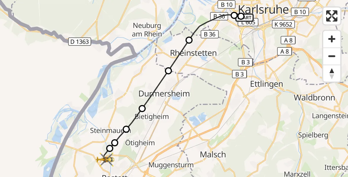 Flugroute Ambulanzhubschrauber Sankt Vincentius Hospital - Rastatt, 12 September 2026, 11:06