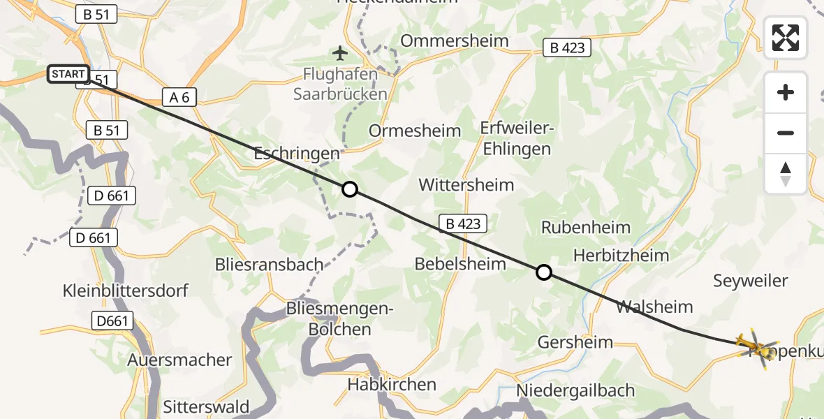 Flugroute Rettungshubschrauber Saarbrücken - Gersheim, 12 September 2026, 11:27