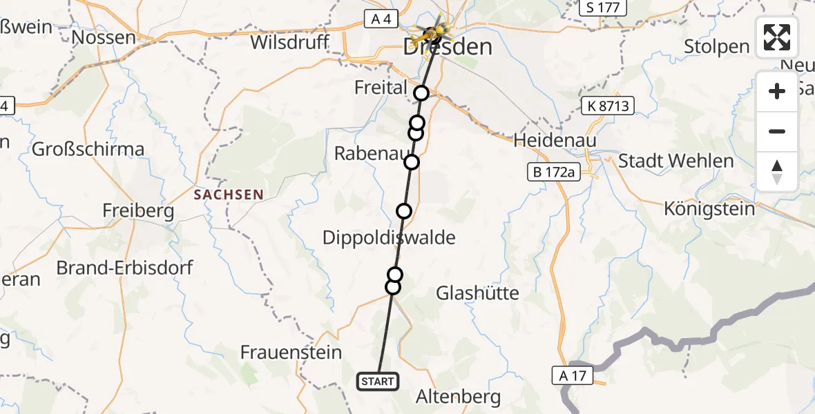 Flugroute Rettungshubschrauber Dippoldiswalde - Dresden Friedrichstadt Hospital, 12 September 2026, 11:33