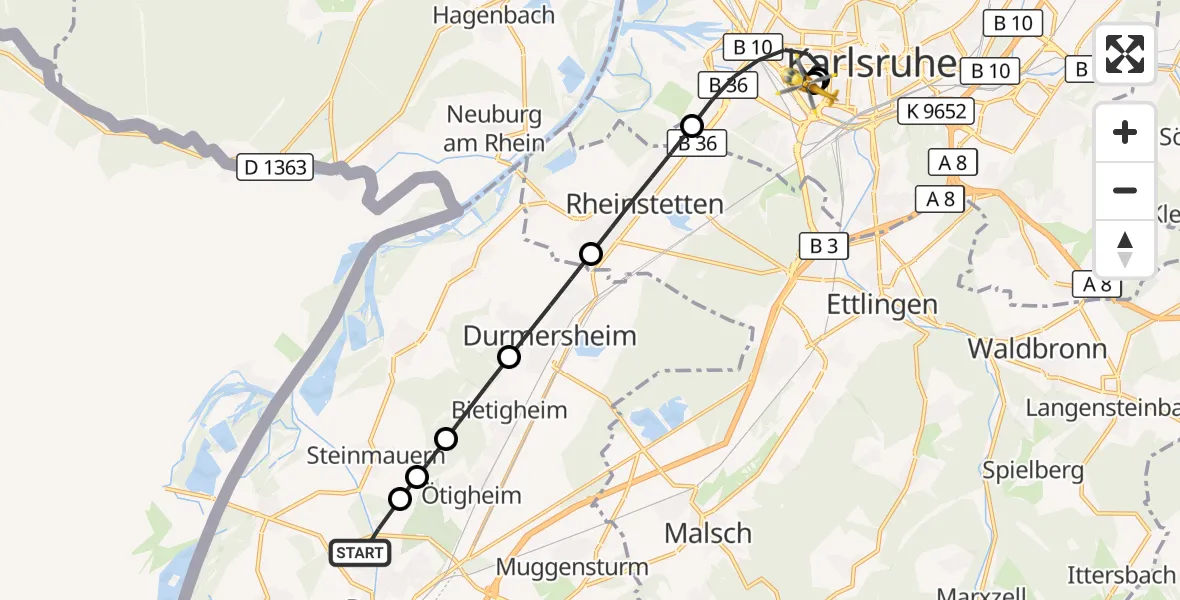 Flugroute Ambulanzhubschrauber Rastatt - Sankt Vincentius Hospital, 12 September 2026, 11:44