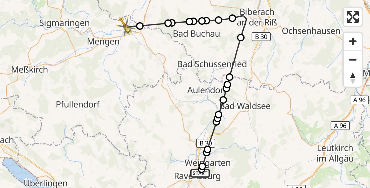 Flugroute Rettungshubschrauber Sankt Elisabeth Hospital - Herbertingen, 12 September 2026, 12:05