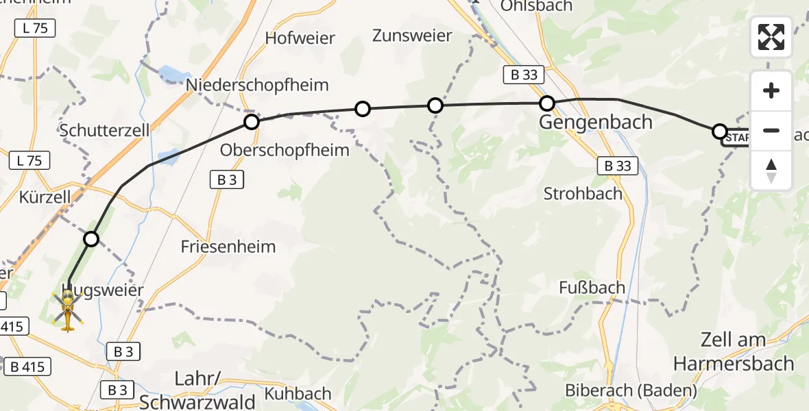 Flugroute Rettungshubschrauber Nordrach - Lahr Flughafen, 12 September 2026, 12:11