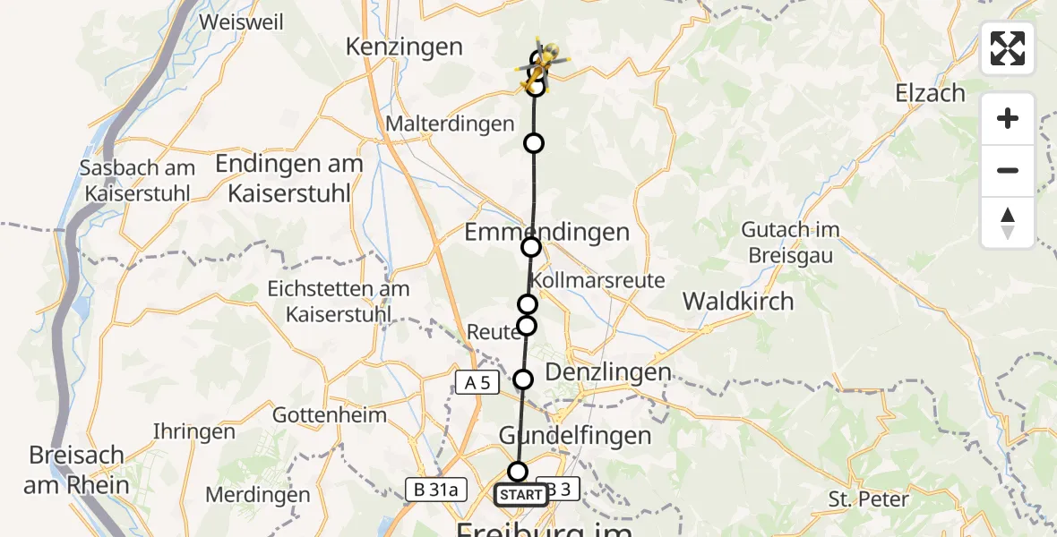Flugroute Ambulanzhubschrauber Freiburg im Breisgau Flugplatz - Kenzingen, 12 September 2026, 12:14