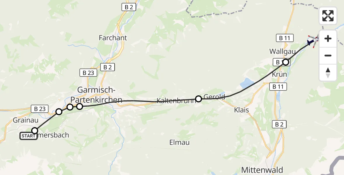 Flugroute Polizeihubschrauber Brandweg Hubschrauberlandeplatz - Wallgau, 12 September 2026, 12:24