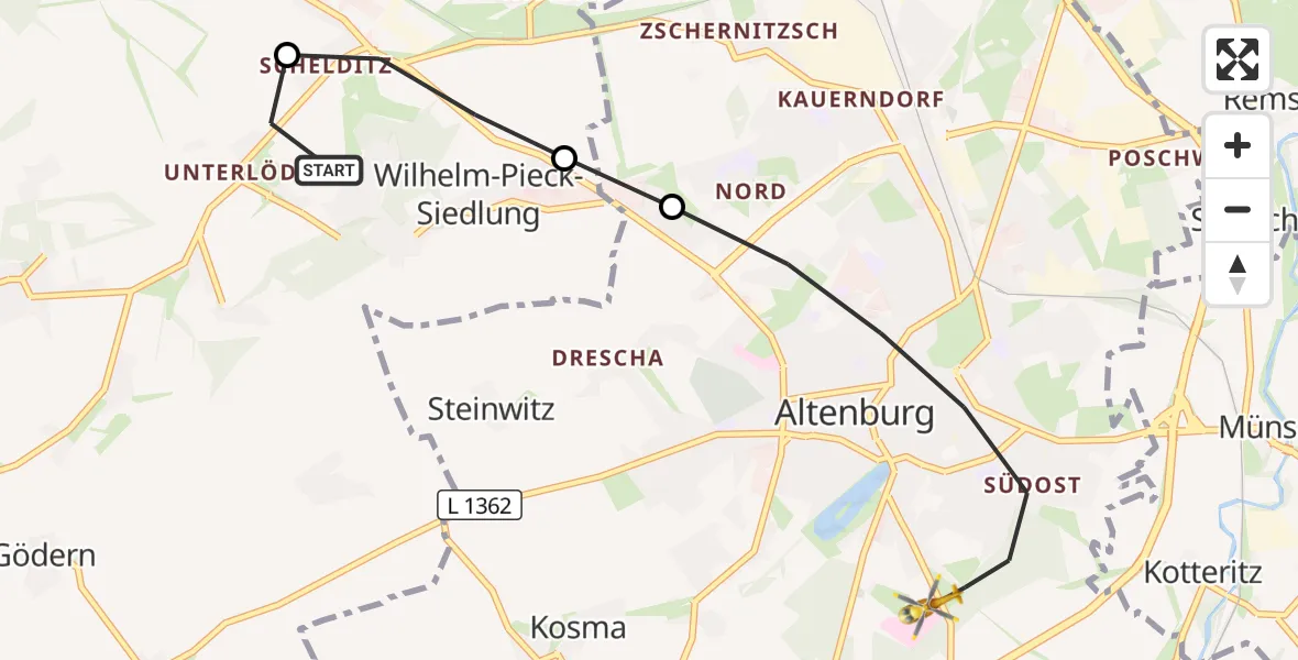 Flugroute Rettungshubschrauber Lödla - Altenburg, 12 September 2026, 12:31