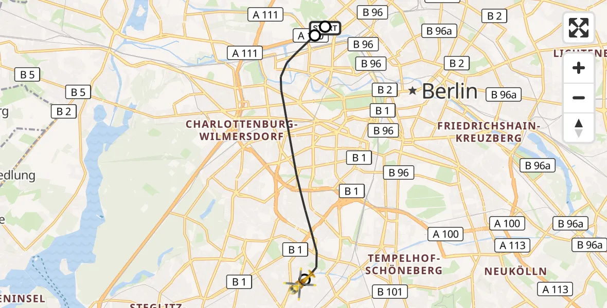Flugroute Rettungshubschrauber Charité Clinic Virchow Campus - Charité Clinic Benjamin Franklin Campus, 12 September 2026, 12:34