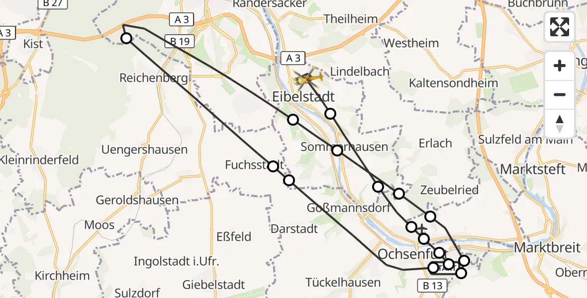 Flugroute Rettungshubschrauber Ochsenfurt Hospital - Eibelstadt, 12 September 2026, 12:35