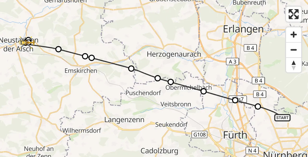 Flugroute Rettungshubschrauber Flughafen Nuremberg - Neustadt Hospital, 12 September 2026, 12:36