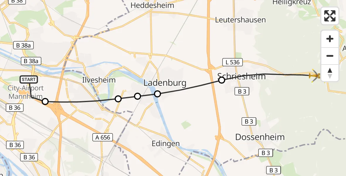 Flugroute Rettungshubschrauber Mannheim-City Flughafen - Schriesheim, 12 September 2026, 12:44